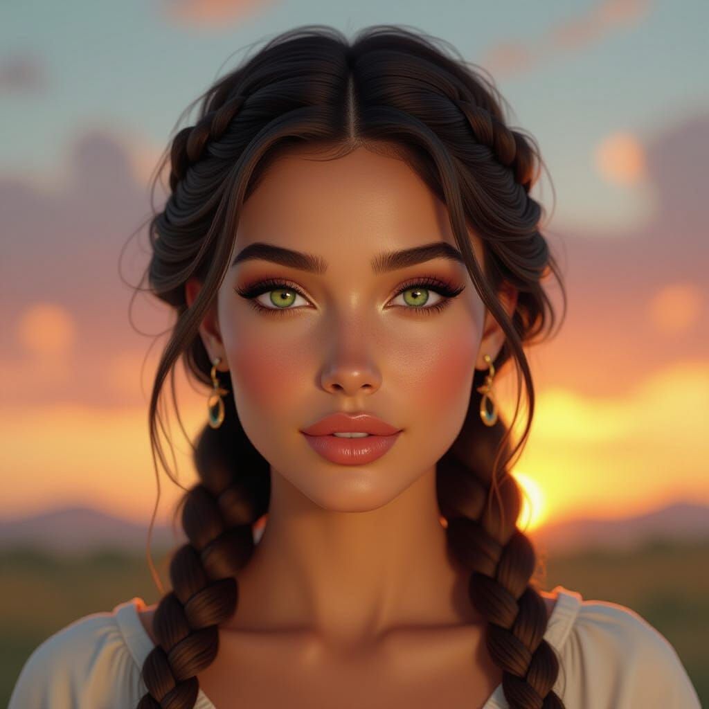 Beautiful Woman with Green Eyes and Sunset Backdrop