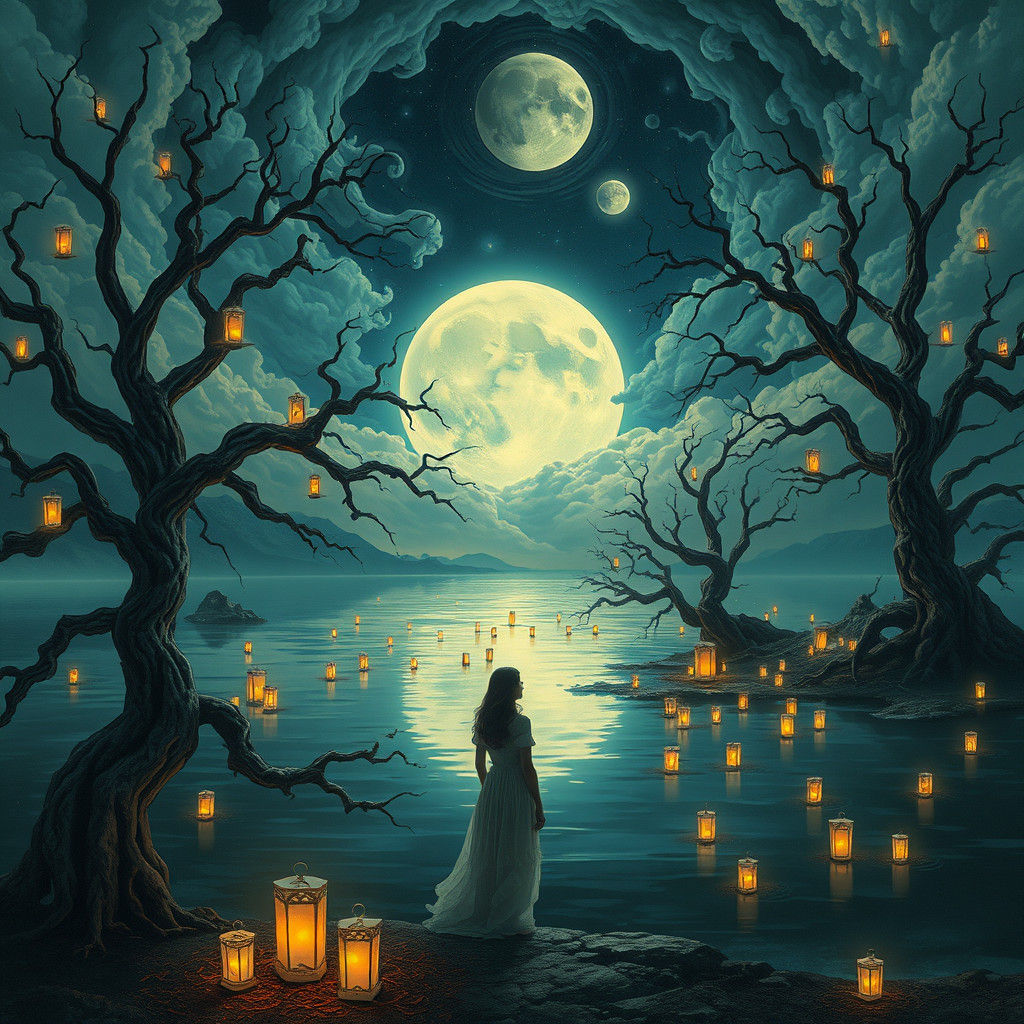 Mystical Moonlit Lake with Woman, Digital Art