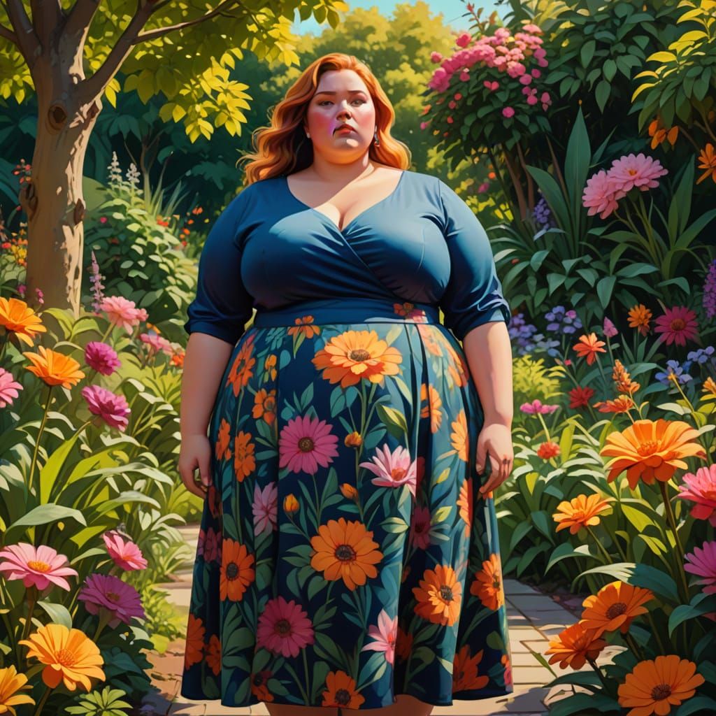 Confident Woman Posing in Vibrant Garden Digital Painting