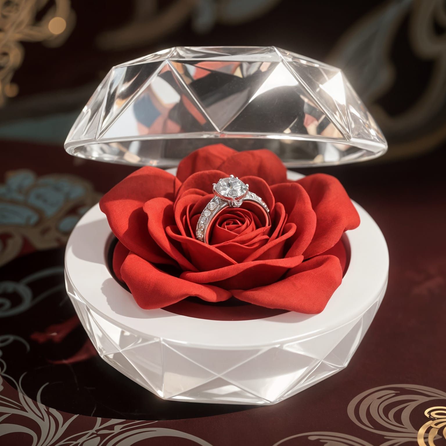 Elegant Diamond Ring Holder with Red Fabric Flower