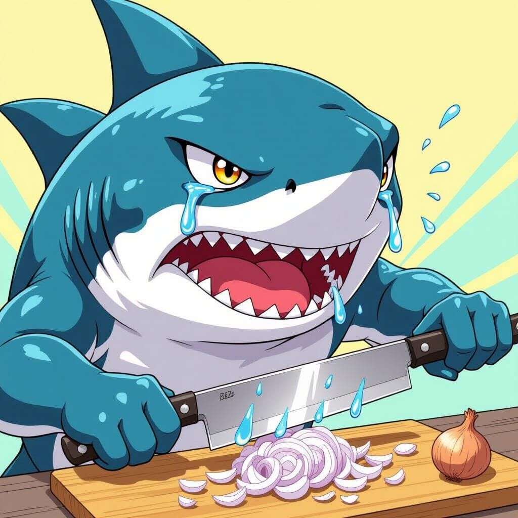 Anime Shark Crying While Chopping Onions