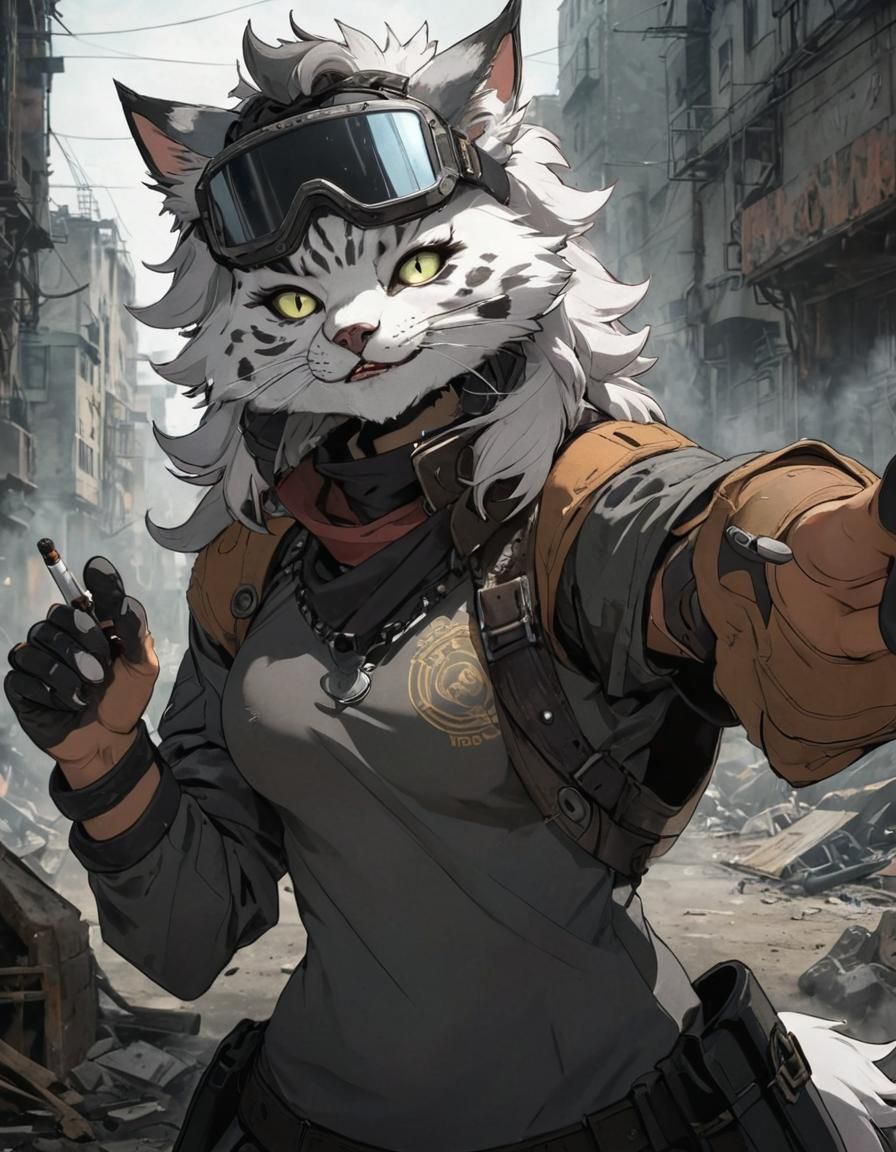 Cyberpunk Lynx Smokes Cigar in Wasteland