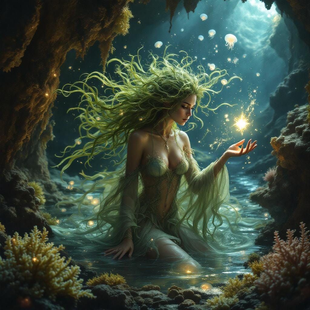 Mystical Water Witch Casting Spells Underwater