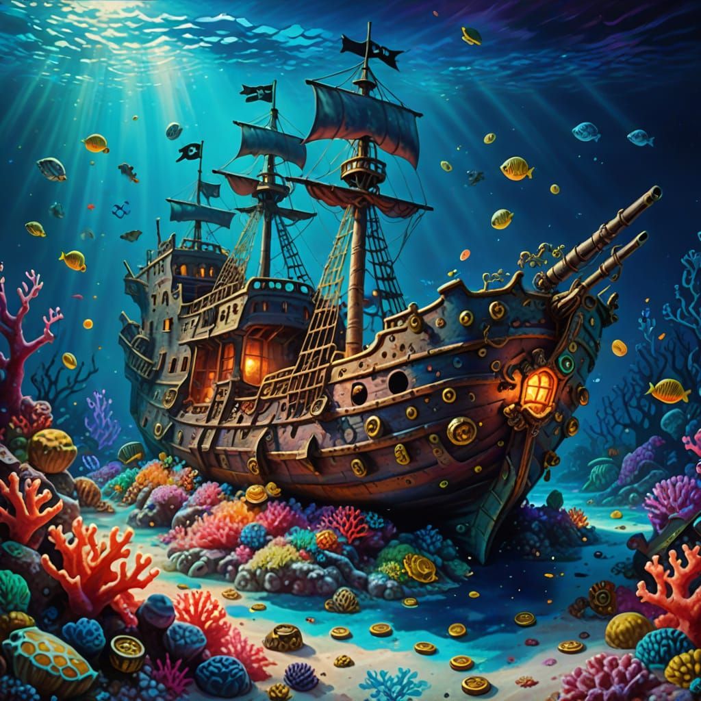 Surreal Sunken Pirate Ship Treasure, Oil Painting
