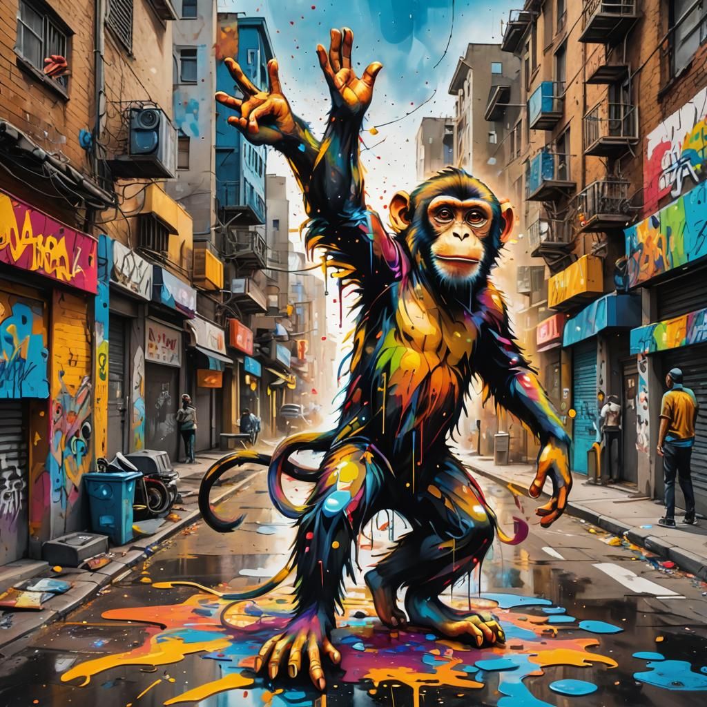 Vibrant Monkey Street Art in Polychromatic Gouache