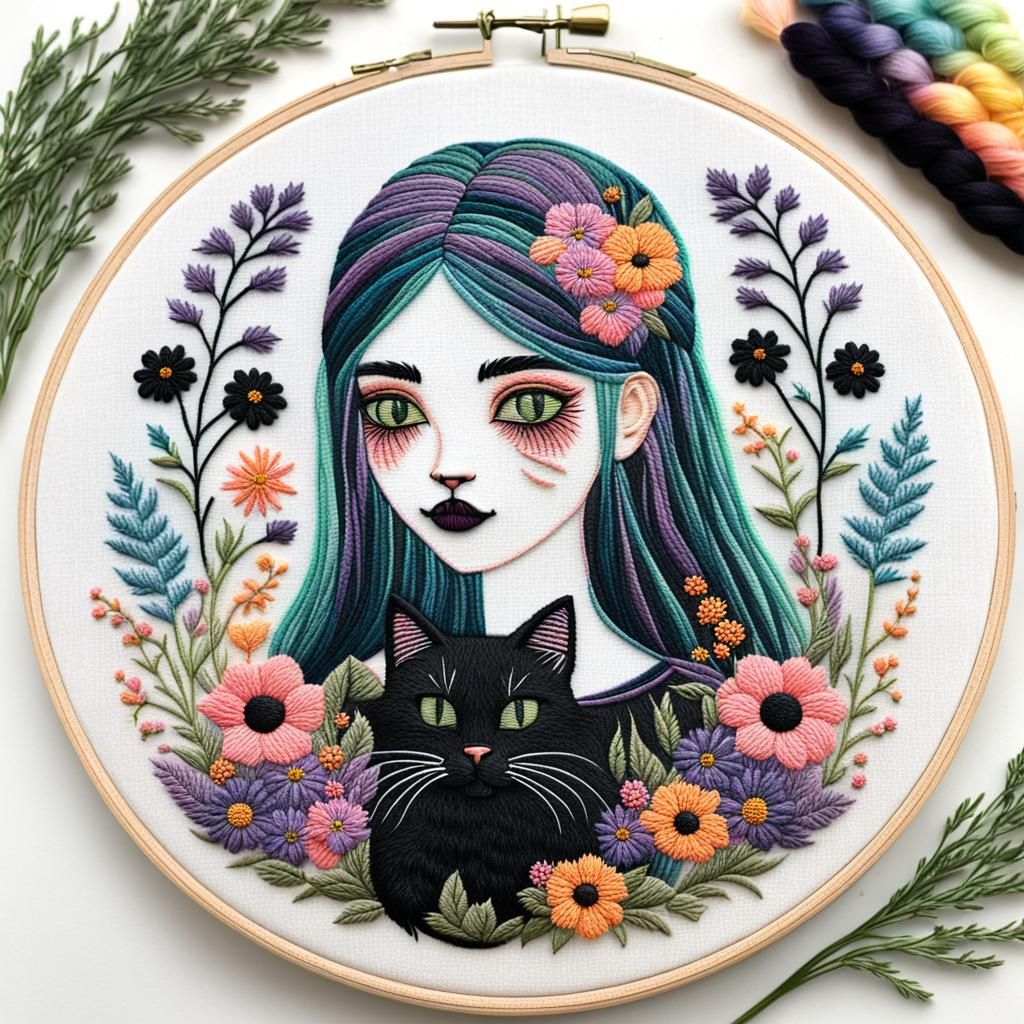 Gothic Girl and Cat in Embroidery Style
