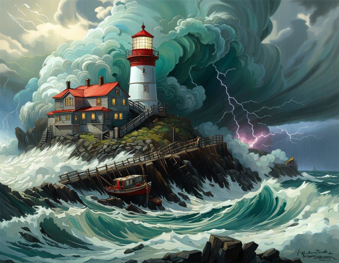 Lighthouse in Atlantic Storm: Digital Masterpiece