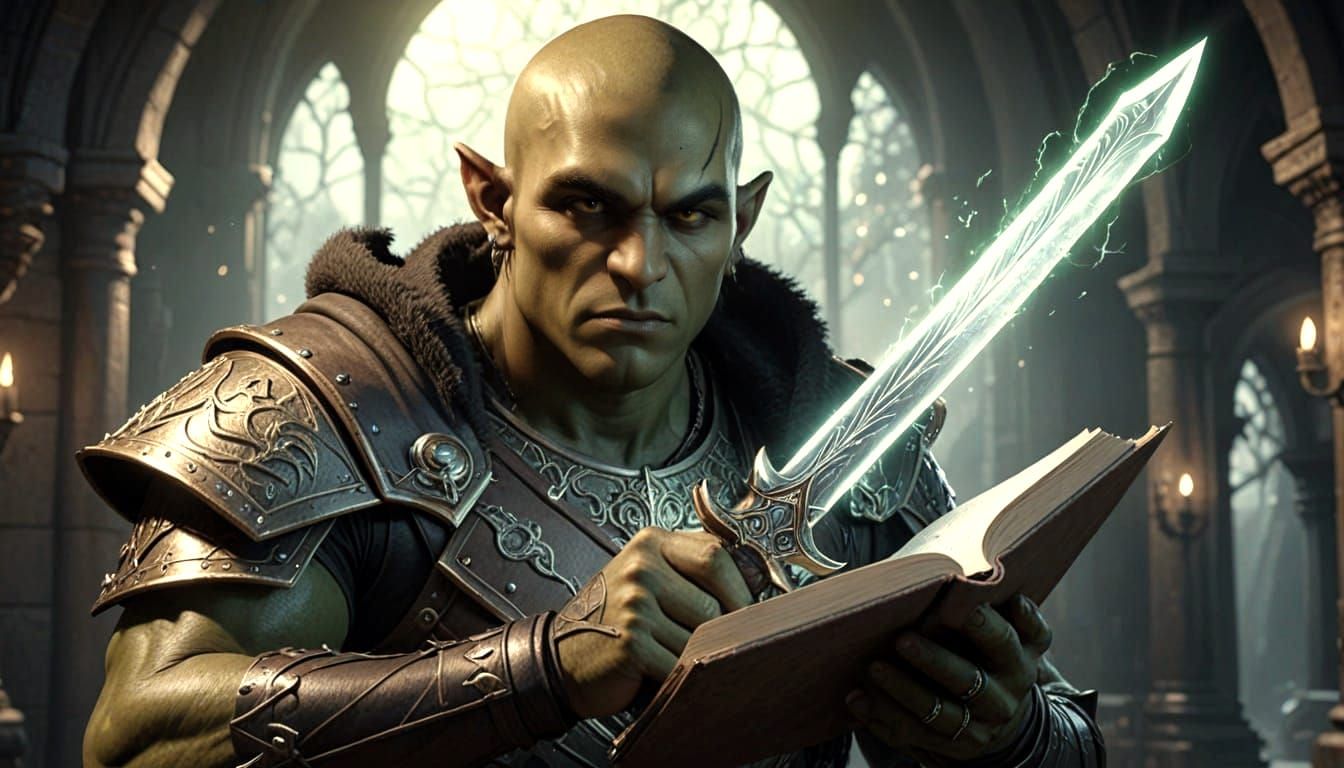 Half-Orc Spellblade Draws Sword with Magic, WLOP Art Style
