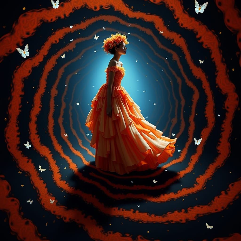 Radiant Woman in Citrus Light Gown with Butterflies