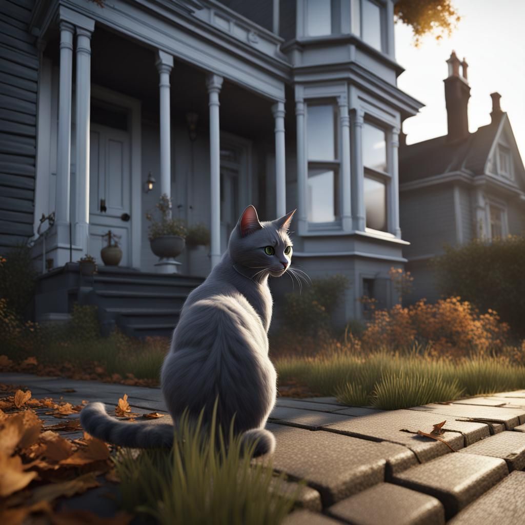 Gray Cat on the Prowl: 3D Rendered Scene