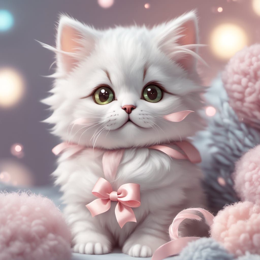 Adorable Fluffy Kitten and Mouse in Kawaii Style