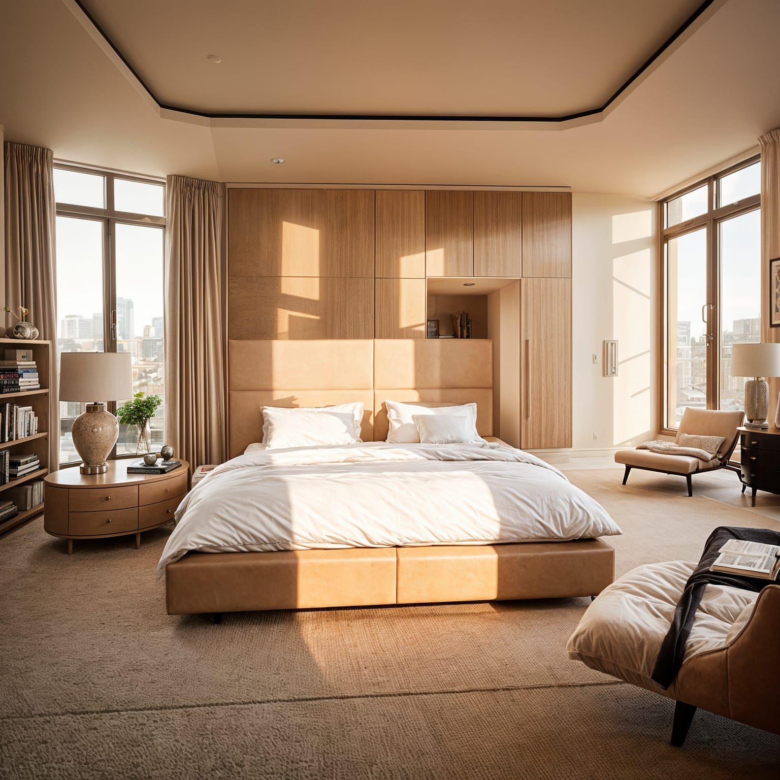 Luxurious Beige Leather Bed in High Fashion Interior