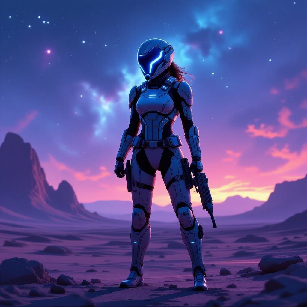 Female Soldier on Alien Planet in Futuristic Spacesuit