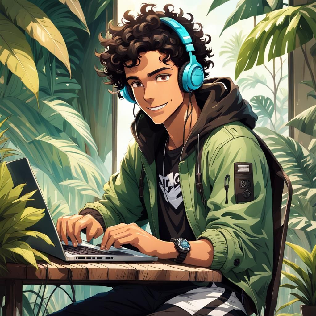 Anime Boy Working with Laptop in Tropical Room
