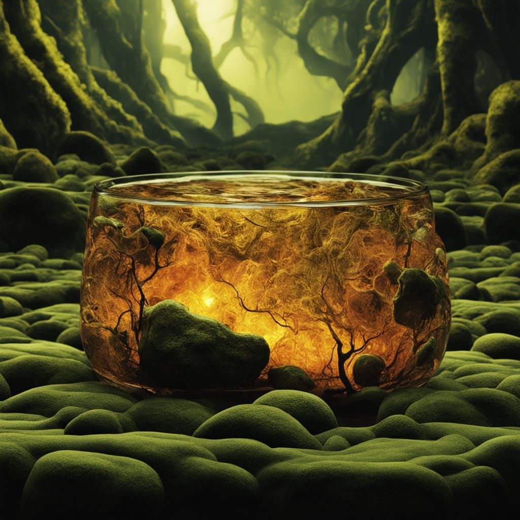Surreal Amber Boulders on Green Liquid Tray