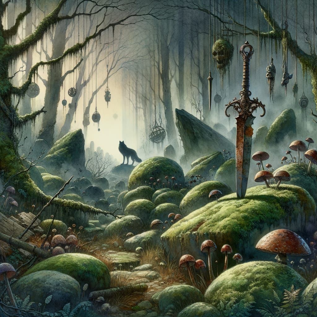 Surreal Grimdark Forest with Dagger in Watercolour