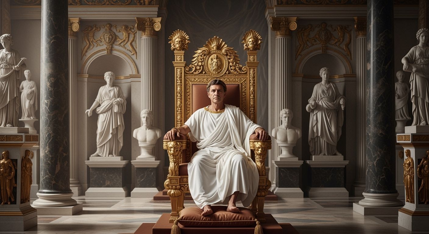 Roman Emperor on Golden Throne in Royal Palace