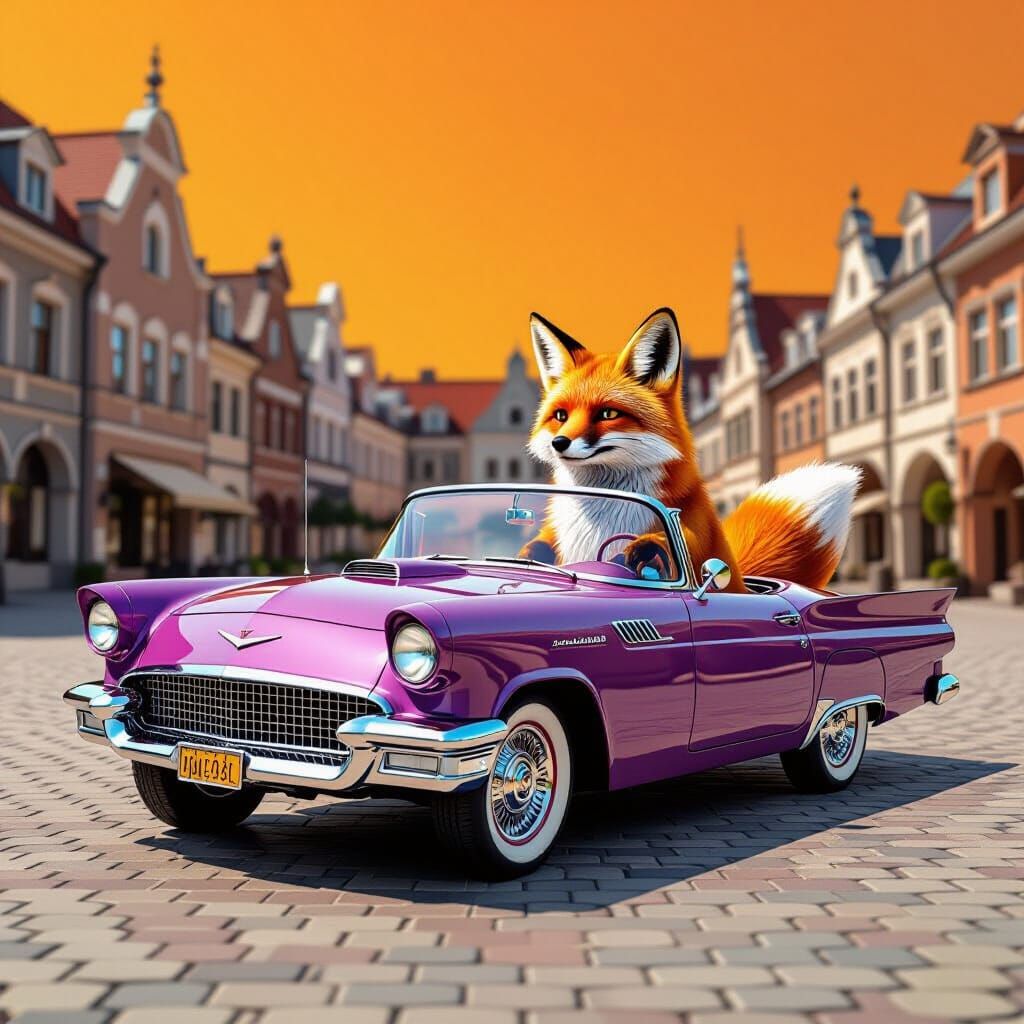 Anthropomorphic Fox Drives Vintage Car: Hyperrealistic Image