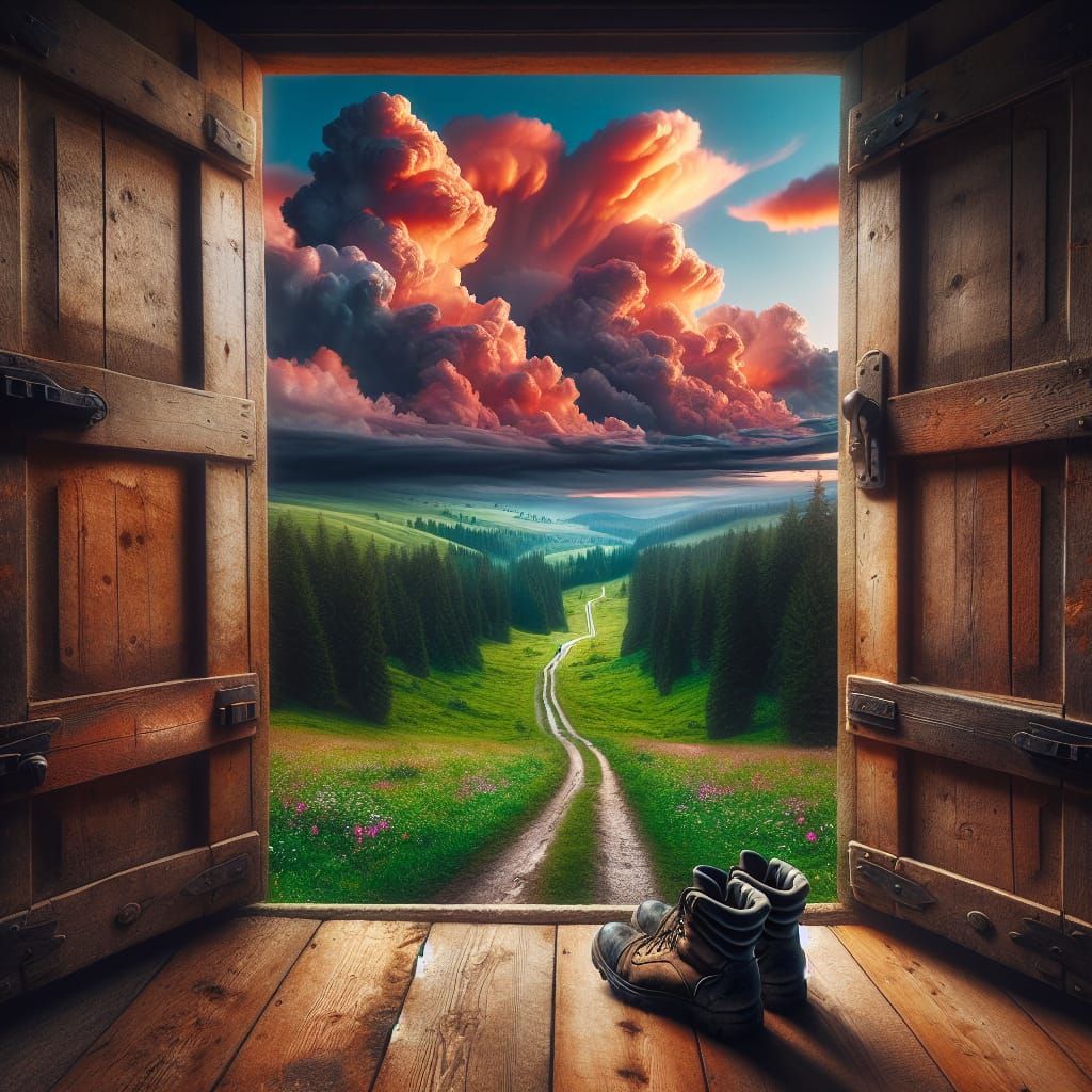 Landscape View Through Open Door at Sunset