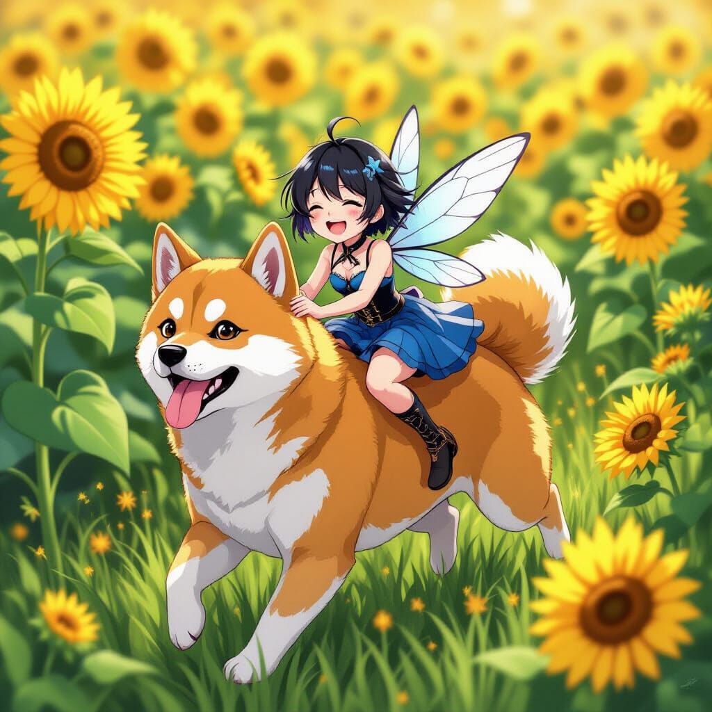 Fairy Rides Shiba Inu Through Sunflower Field in Anime Style