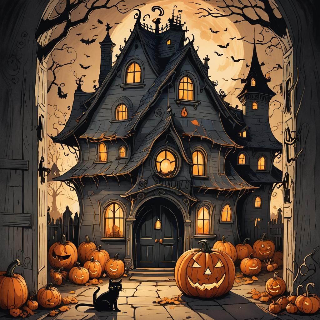 Halloween Pumpkin House Illustration in Ink Oil Style