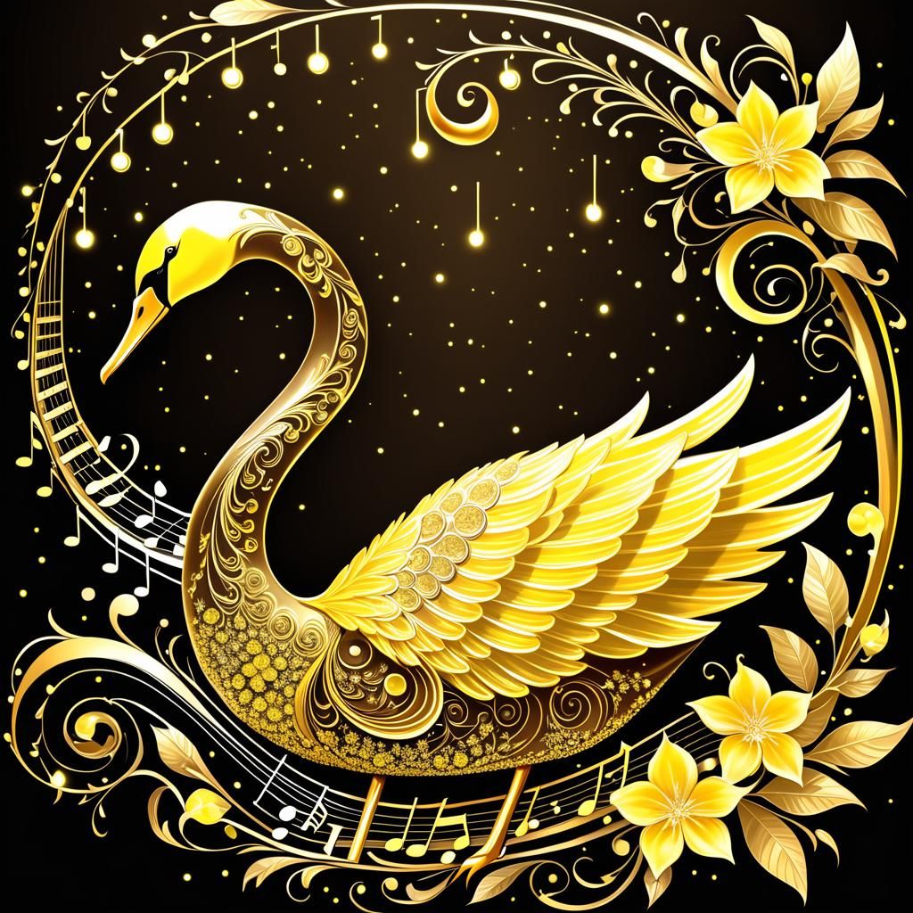 Yellow Ink Sketch on Brown Paper with Swan