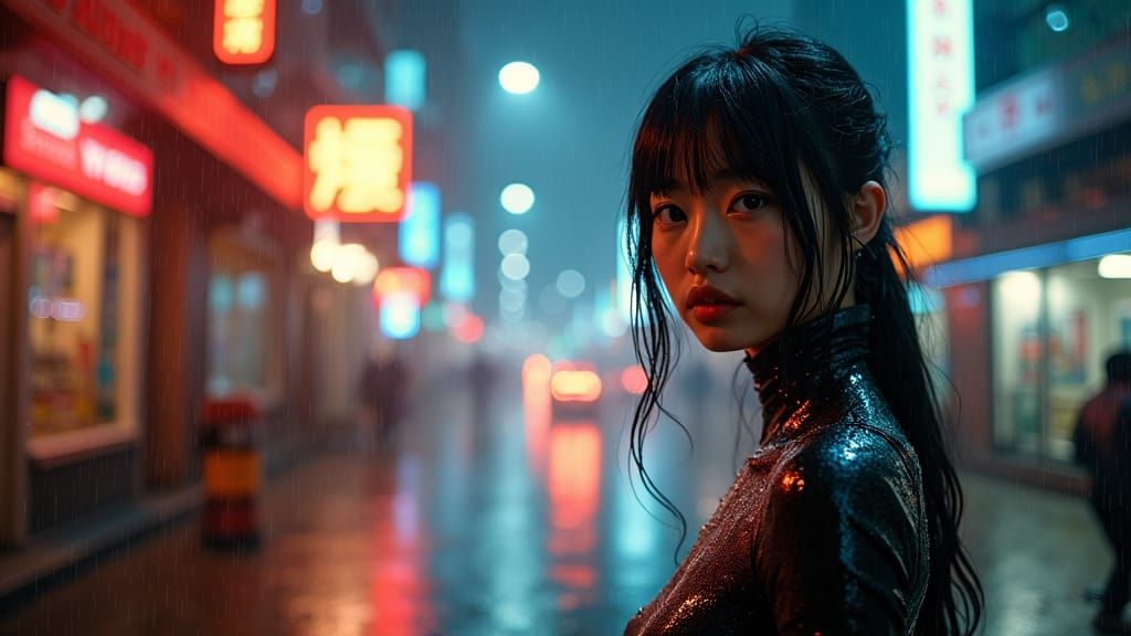 Cybernetic Woman in Rainy Cyberpunk Cityscape
