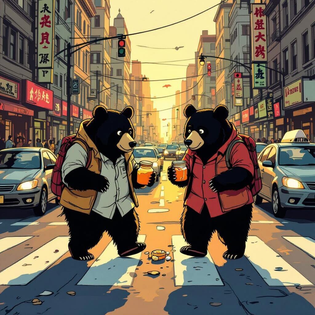 Bear Couple Navigates Busy Street in Comic Art Style