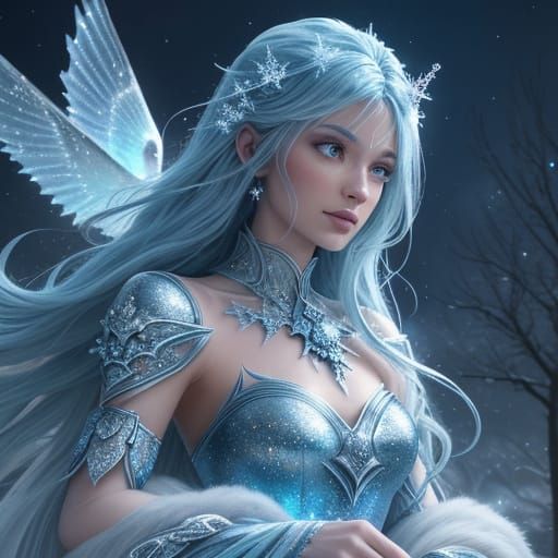 Ethereal Figure Shrouded in Moonlit Snowflakes