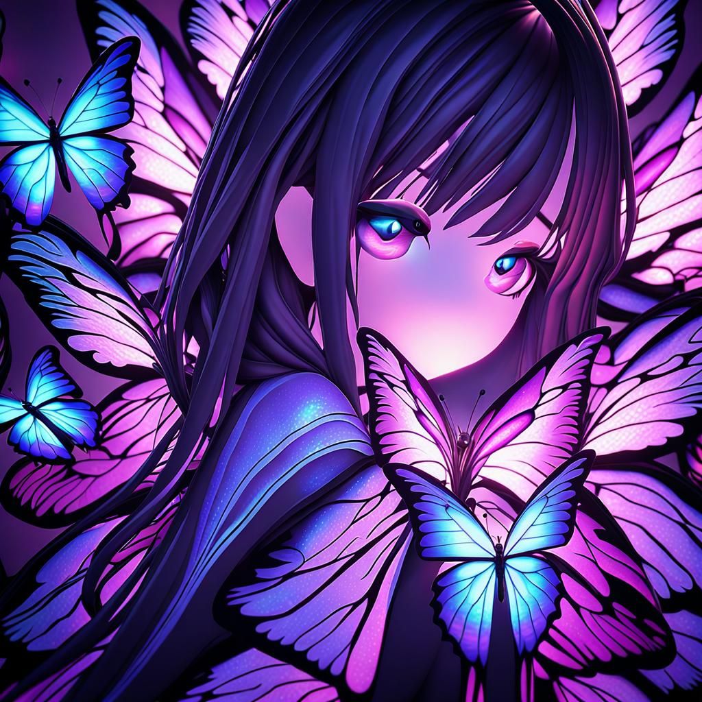 Anime Snake Gazes at Butterfly in 3D Art