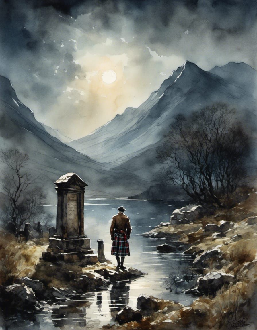 Scottish Graveyard Scene at Night in Watercolor