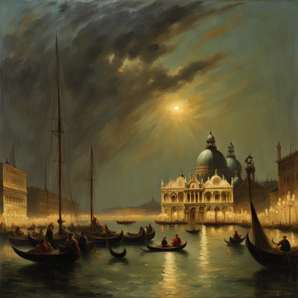 Venice Celebration at Night, Oil on Canvas