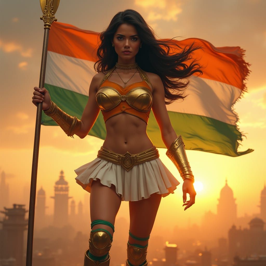 Indian Superheroine Stands Before Flowing Flag