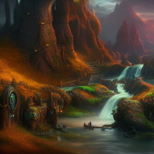 Fantasy Landscape with Stream in Detailed Matte Painting