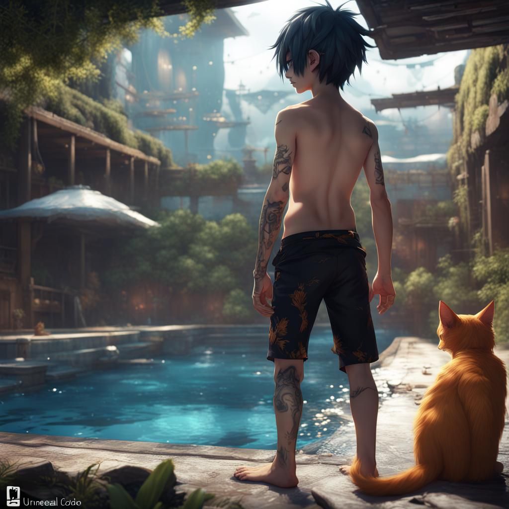 Anime Emo Catboy Swimmer by Olympic Pool