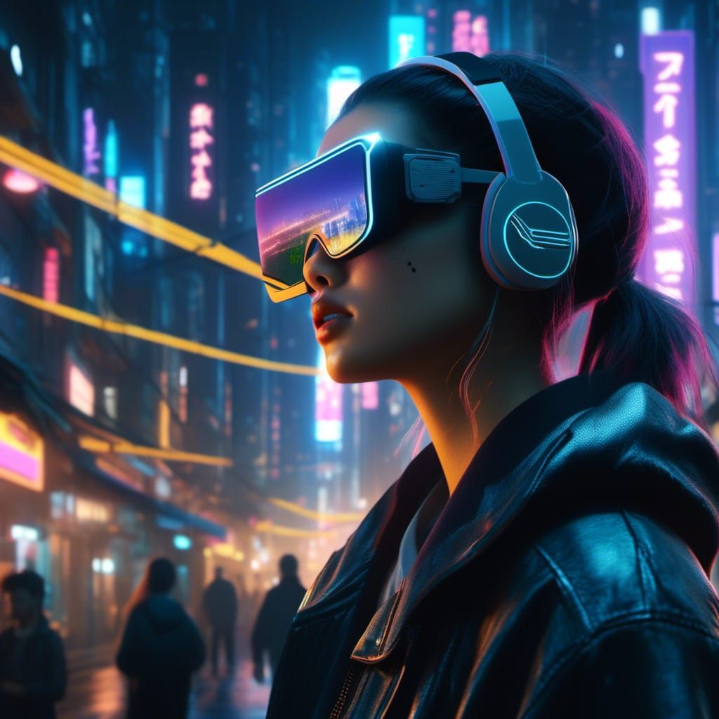 Cyberpunk City Girl with VR Headset at Night
