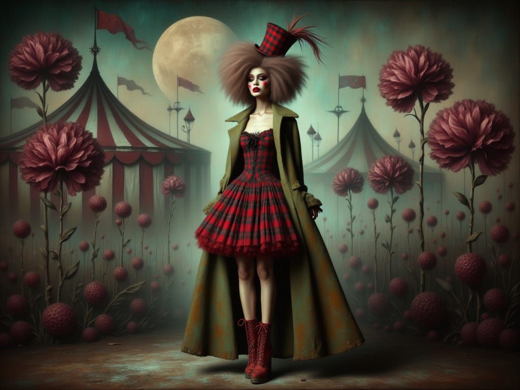 Gothic Woman on Bizarre Circus Runway in Dark Fairytale Styl...