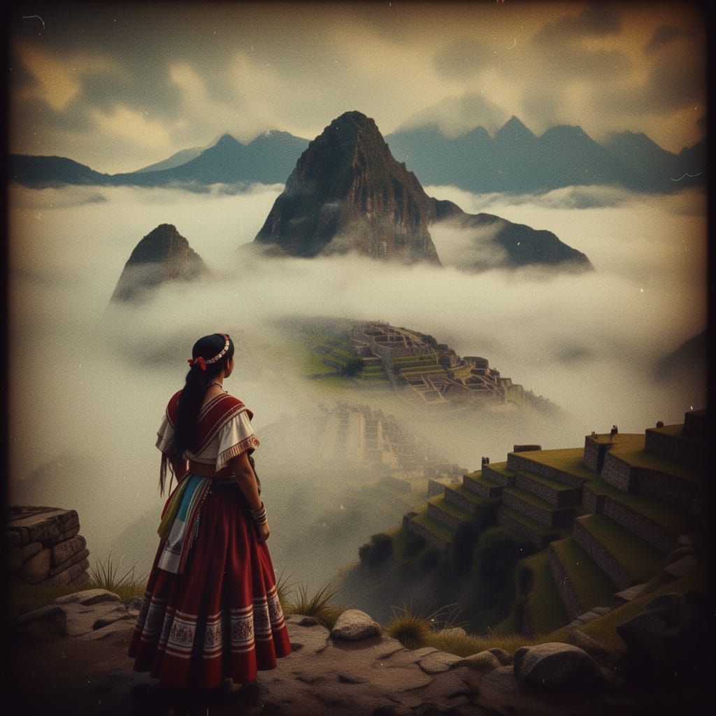 Inca Princess Gazes at Misty Machu Picchu in Andes