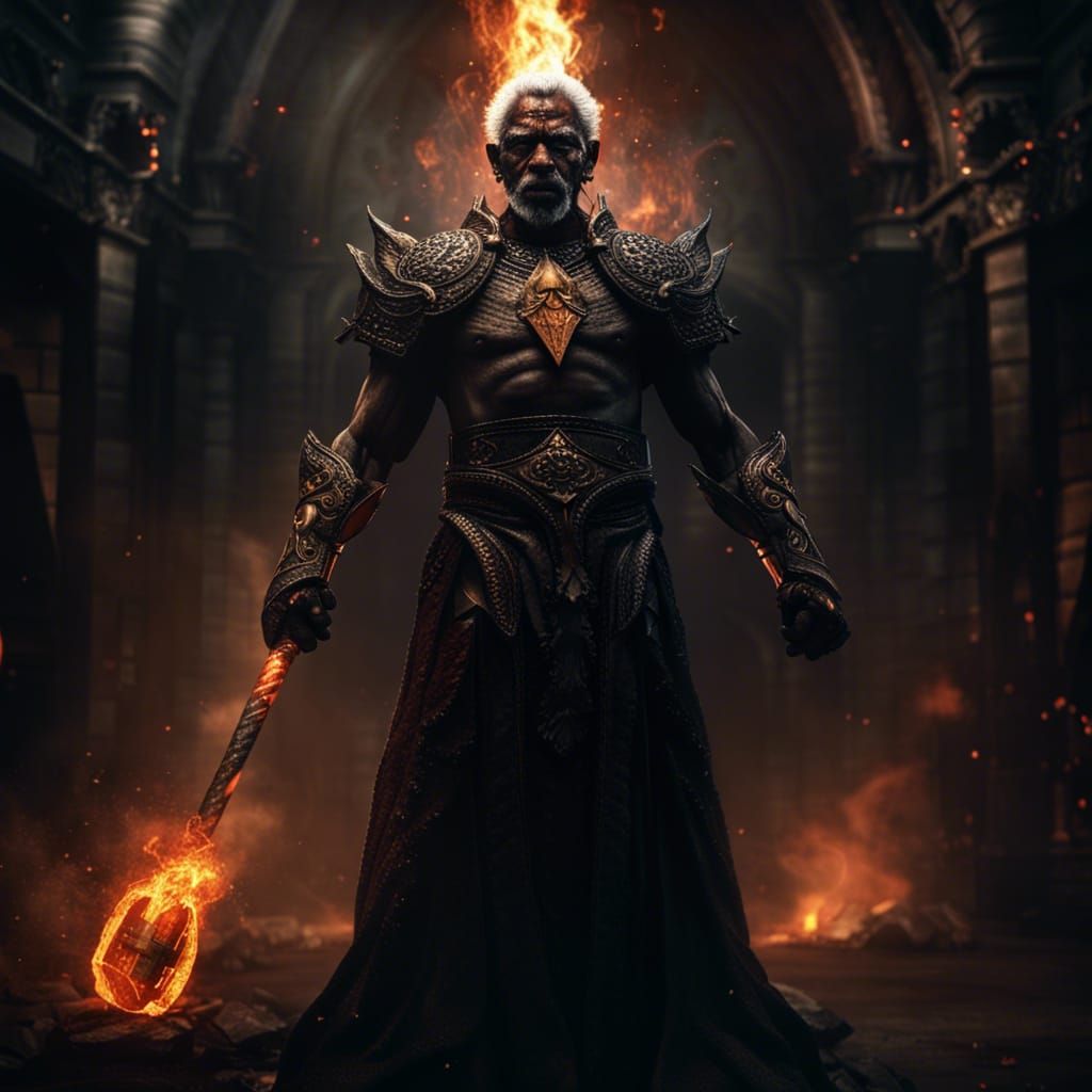 Intimidating Fire Cleric with Angry Face in HDR