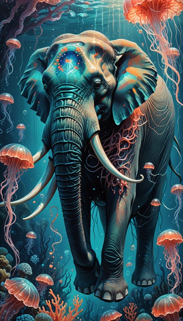 Giant Elephant Swims in Bioluminescent Ocean