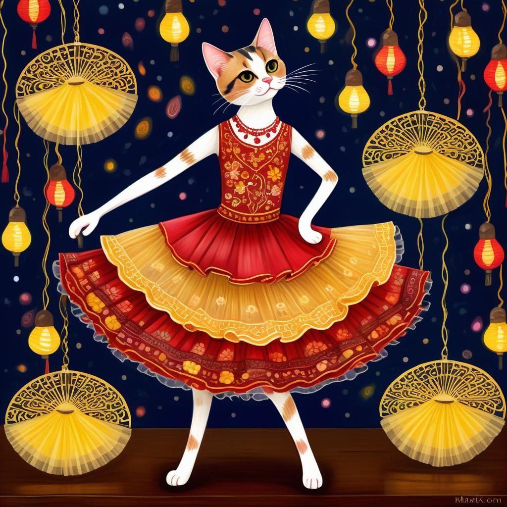 Calico Cat Flamenco Dancer in Dreamlike Digital Art