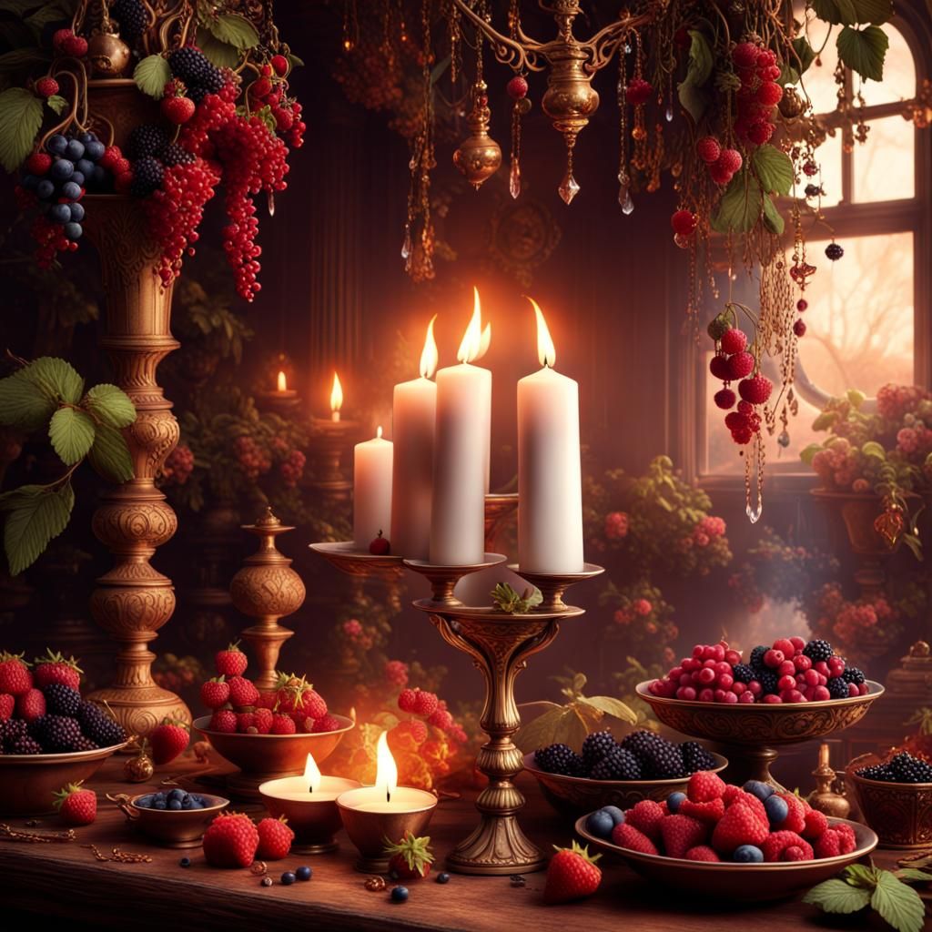Berries, Jewels and Candle in Dramatic Digital Painting