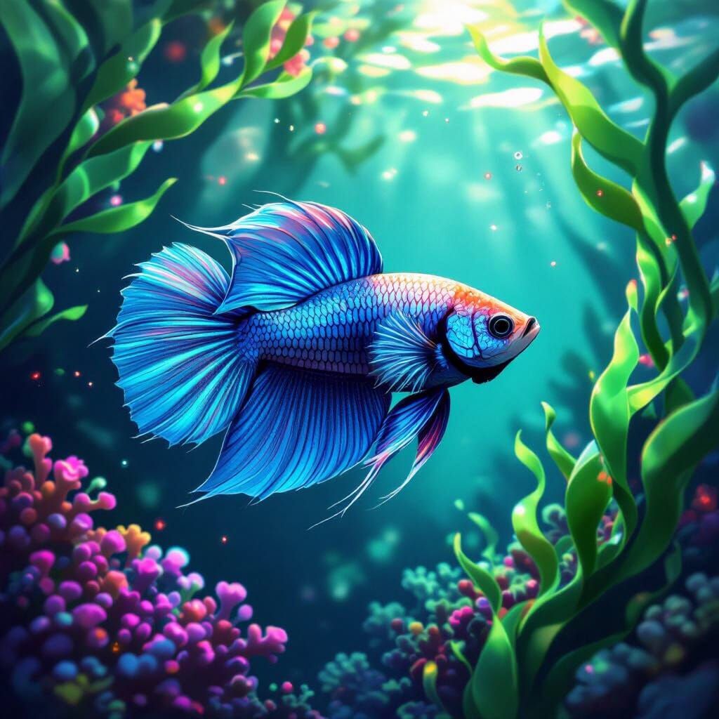 Betta Fish Gliding Through Coral Reef, Digital Art