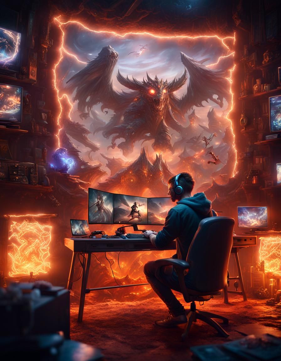 Gamer in Fantasy Realm: Detailed Matte Painting