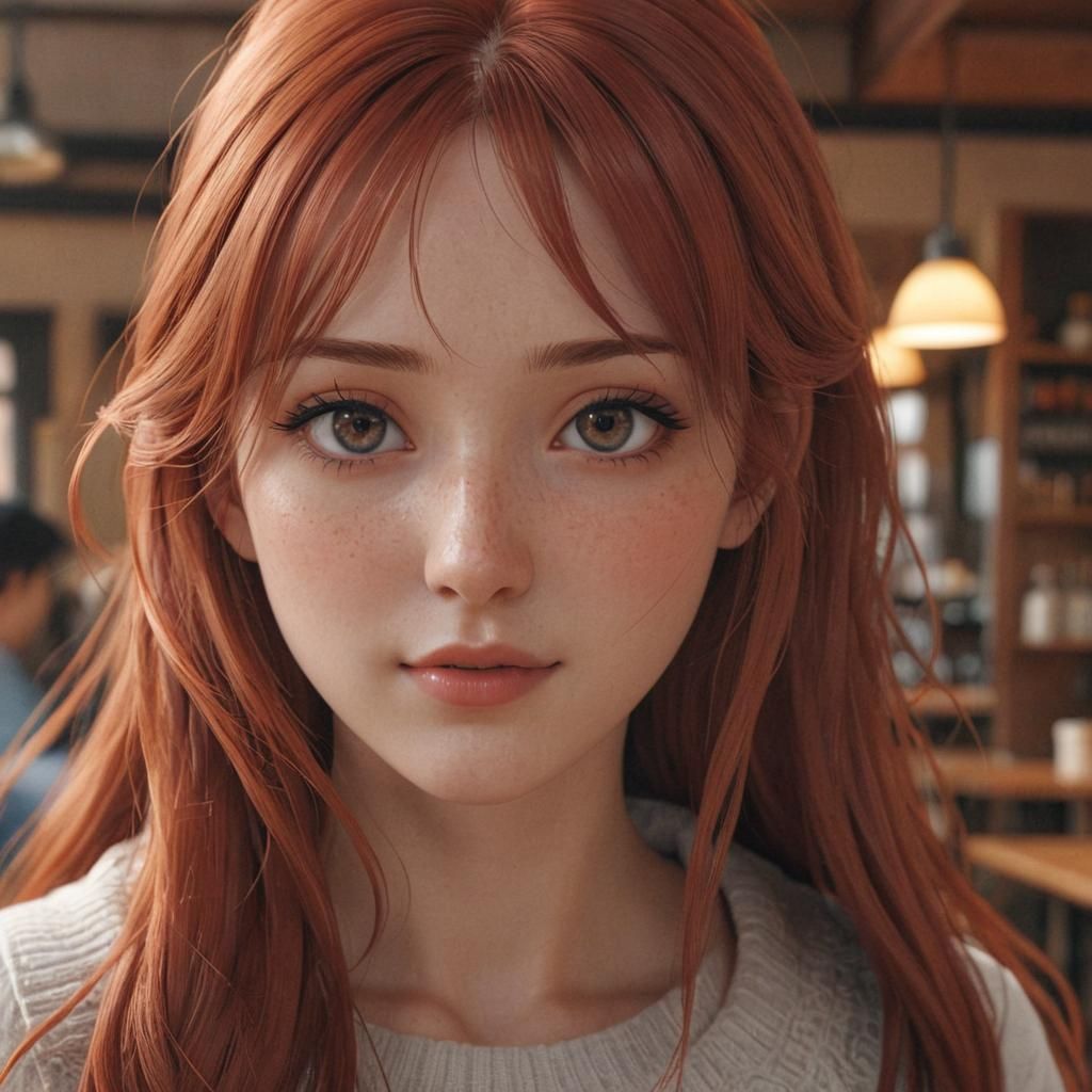 Anime Girl in Cafe with Red Hair, Manga Style