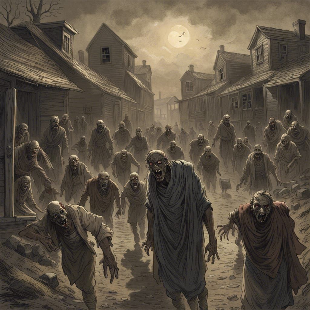 Scary Zombies Take Over Ghost Town: Horror Art