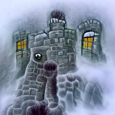 Eerie Castle with Creature in Window