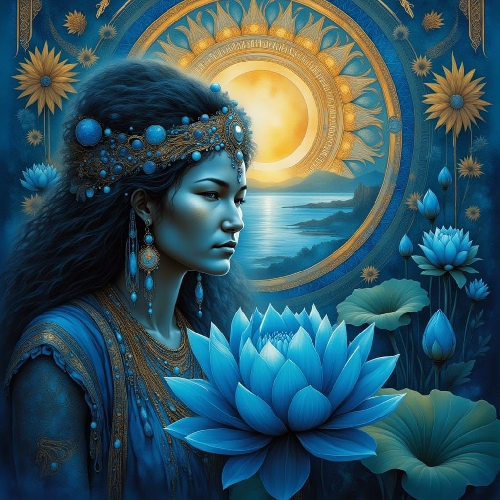 An Egyptian woman <lora:Native Woman:1.0> plucks a blue lotu...