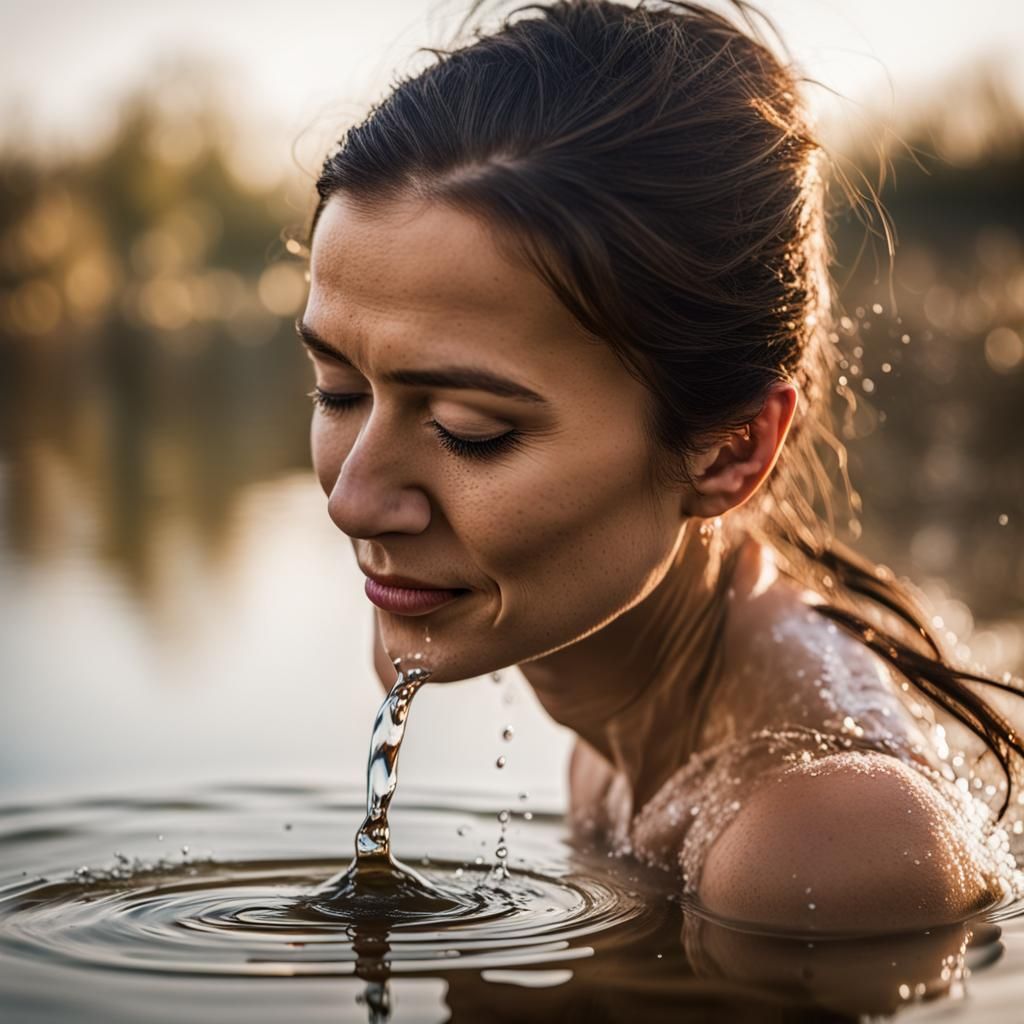 as a woman bends down to splash water from the dirt of her aged face, her reflection in the water is of her younger self