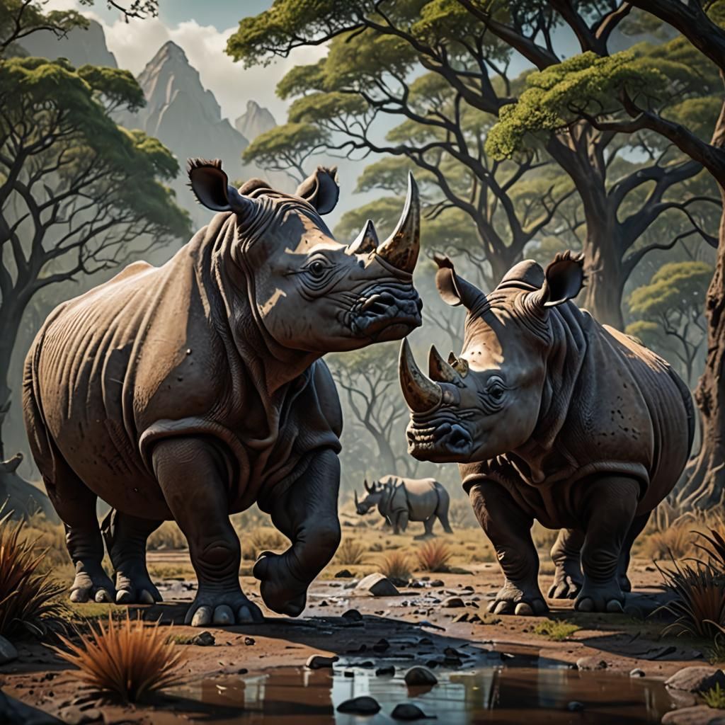 Rhino Mating Ritual in Detailed Digital Painting